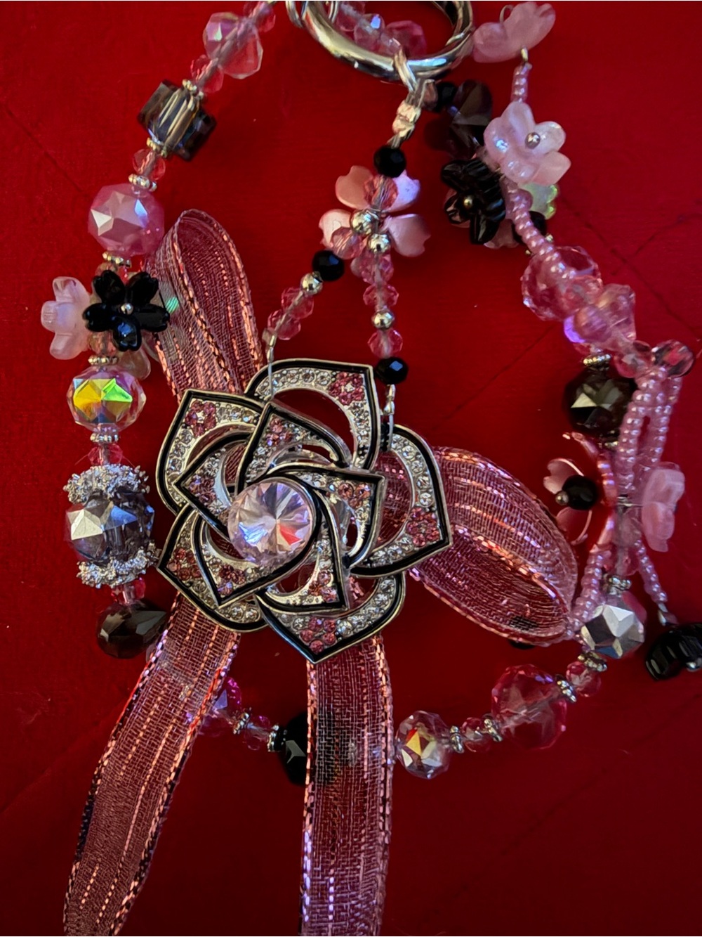 Pink & Black Beaded Bag Charm w/ Spinning Rhinestone Flower